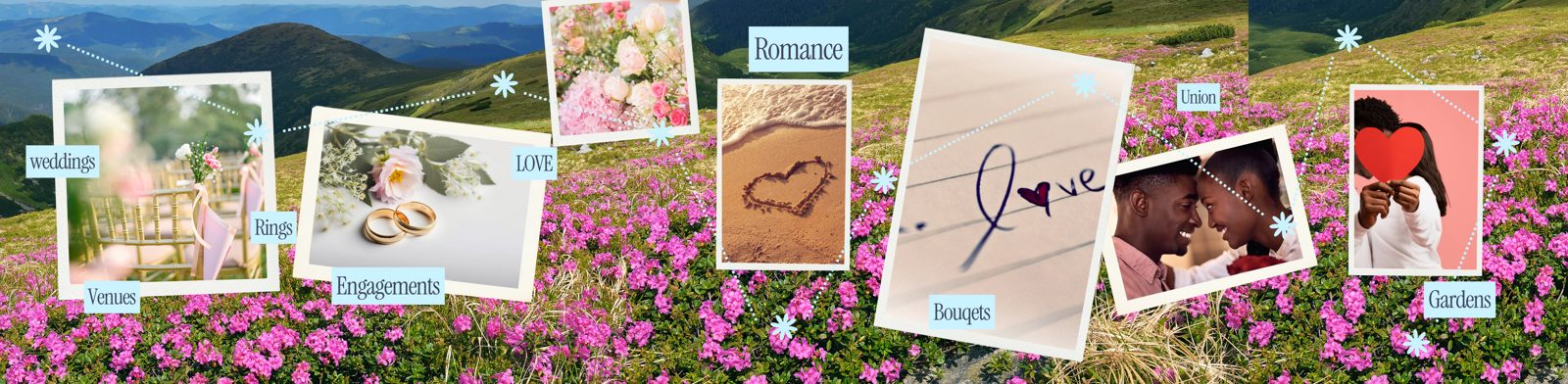 Collage of wedding moments: venue chairs, rings and roses, a handwritten word love, a couple touching foreheads, and a heart held up, over a field of pink flowers