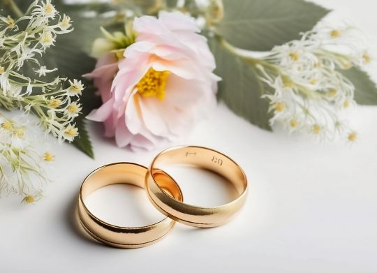 Two gold wedding rings beside a pink flower
