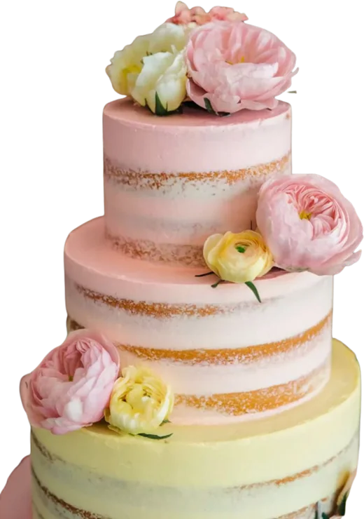 Three-tier pink and yellow wedding cake with fresh flowers