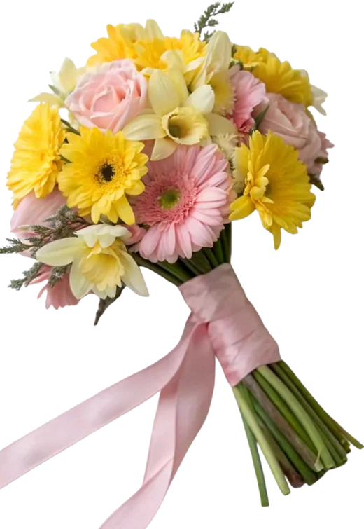 Pastel bouquet of yellow and pink gerberas tied with a pink ribbon